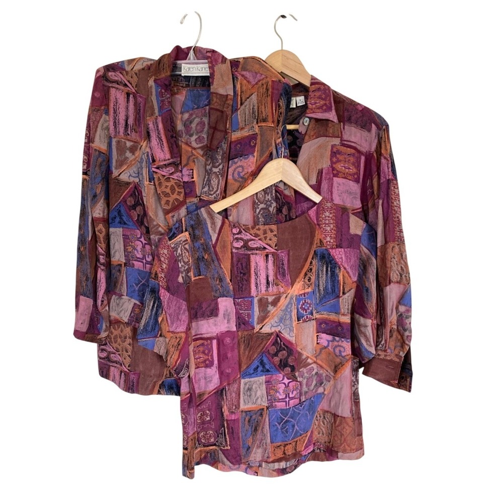 Vtg Karen Kane Multi-Color Patchwork Blazer Skirt Short Long Slv Shirts S 6/8P
